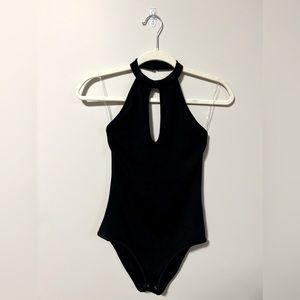 Ribbed Black Halter Neck Body Suit (open back, front cut out as well)